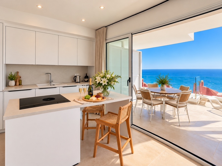 Exclusief hoekappartement met panoramisch zeezicht in Bayview II, Nerja
